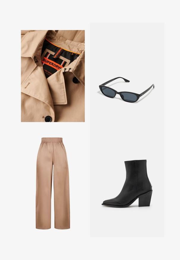 Beige trenchcoat met donkere knopen, dubbele borstsluiting en zwarte kraagvoering. Voorzien van een "SUPERDRY" label in oranje en zwart.; Zwarte top met dunne bandjes, versierd met kant langs de halslijn en de zoom. Gladde stof met een licht glanzende textuur.; Brede, lichtbruine broek van gladde stof met een elastische tailleband, met een eenvoudig ontwerp en zonder verdere versieringen.; Zwarte leren enkellaars met een puntige neus, een blokhak en subtiele zijdetails. Glad textuur met een minimalistisch ontwerp.; Zwarte cat-eye zonnebril met donkere lenzen, kunststof frame, slanke pootjes en subtiele branding op de binnenkant van de poot. Mat afgewerkte textuur.; Bruine suède schoudertas met een gebogen handvat, zachte textuur en een bovenste ritsluiting. Geen zichtbare hardware of patronen.