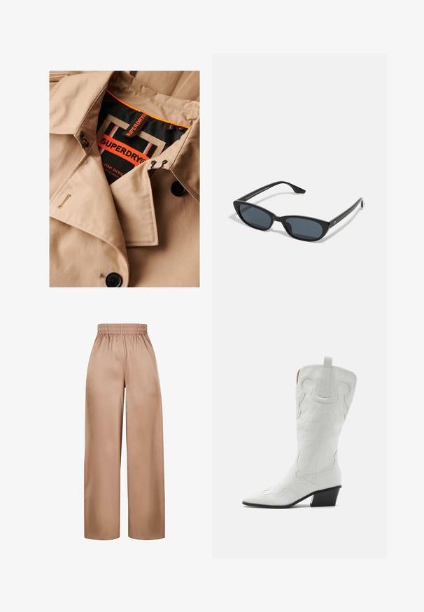 Beżowy płaszcz trench z ciemnymi guzikami, podwójnie zapięty design i czarną podszewką kołnierza. Posiada metkę "SUPERDRY" w pomarańczowym i czarnym kolorze.; Czarny top na cienkich ramiączkach, ozdobiony koronkowym wykończeniem przy dekolcie i dolnej krawędzi. Gładki materiał o lekko błyszczącej teksturze.; Szerokie, jasnobrązowe spodnie wykonane z gładkiego materiału, z elastycznym pasem, o prostym kroju i bez dodatkowych zdobień.; RAID NOUR mleczny; Czarne okulary w kształcie kociego oka z ciemnymi soczewkami, plastikową ramką, smukłymi zausznikami i subtelnym logo na wewnętrznej stronie zausznika. Matowa tekstura.; Brązowa zamszowa torebka na ramię z wygiętym uchwytem, miękką fakturą i zamknięciem na górze na zamek. Brak widocznych elementów metalowych i wzorów.