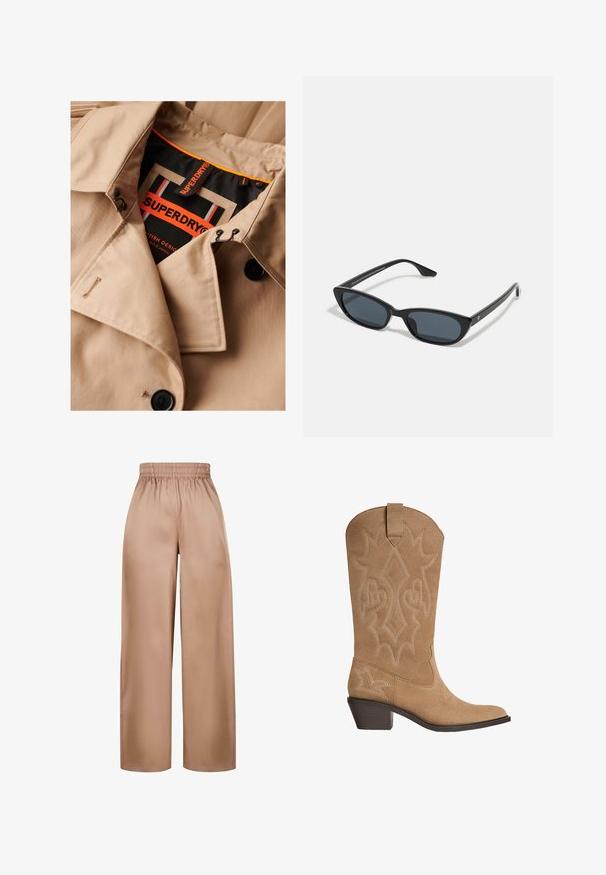 Beige trenchcoat met donkere knopen, dubbele borstsluiting en zwarte kraagvoering. Voorzien van een "SUPERDRY" label in oranje en zwart.; Zwarte top met dunne bandjes, versierd met kant langs de halslijn en de zoom. Gladde stof met een licht glanzende textuur.; Brede, lichtbruine broek van gladde stof met een elastische tailleband, met een eenvoudig ontwerp en zonder verdere versieringen.; Tan suède cowboylaarzen met geborduurde decoratieve stiksels, een middelhoge gestapelde hak en een trekband aan de schacht.; Zwarte cat-eye zonnebril met donkere lenzen, kunststof frame, slanke pootjes en subtiele branding op de binnenkant van de poot. Mat afgewerkte textuur.