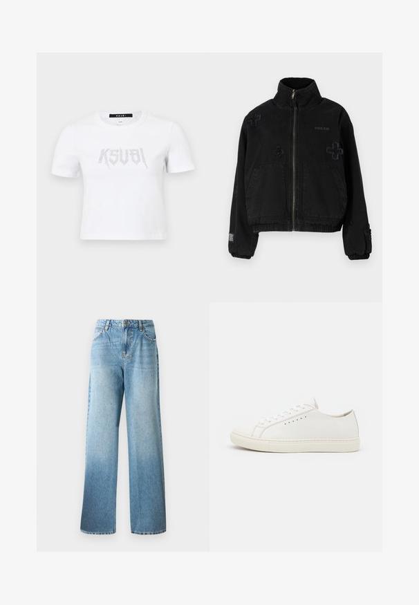 Melna kokvilnas jaka ar rāvējslēdzēju priekšpusē, ar divām priekšējām kabatām, iegrieztu logotipu un faktūru krustu dizainiem uz auduma.; Bala īsa piedurkne T-krekls no kokvilnas, ar sudraba krāsas uzlīmi priekšpusē. Vienkāršs apaļais kakls un brīvs piegriezums.; Gai zili džinsi ar brīvu piegriezumu, taisni kājas un smalkiem rotājumiem. Ar tradicionālo piecu kabatu dizainu un jostas cilpiņām.; Baltas ādas kedas ar gludu virsmu, apaļu purngalu, minimālām acīm un plakanu gumijas zoli. Vienkāršs dizains bez papildu akcentiem.