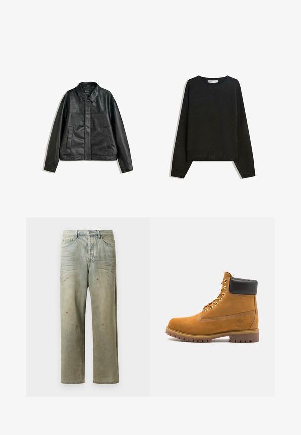 Czarna skórzana kurtka z kołnierzykiem, dwoma przednimi kieszeniami i gładką fakturą. Charakteryzuje się prostym krojem i minimalistycznym designem.; Czarny sweter z dzianiny z okrągłym dekoltem, z prążkowanymi mankietami i dołem. Krój jest luźny, z opadającymi ramionami, co zapewnia swobodny wygląd.; Zniszczone dżinsy w jasnym zielonym kolorze, z prostymi nogawkami, pięcioma kieszeniami oraz nierównomiernym blaknięciem i plamami farby.; Beżowe zamszowe botki sięgające kostki z czarną wyściełaną krawędzią, złotymi oczkami, białymi detalami szycia oraz wytrzymałą gumową podeszwą z wyraźnym bieżnikiem.