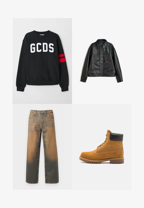 Czarna skórzana kurtka z kołnierzykiem, dwoma przednimi kieszeniami i gładką fakturą. Charakteryzuje się prostym krojem i minimalistycznym designem.; Czarny sweatshirt z napisem "GCDS" na białym tle, z okrągłym dekoltem i czerwonymi paskami akcentującymi na lewym rękawie. Miękka tekstura materiału.; Jeansy o szerokich nogawkach w przetartym niebieskim i brązowym denimp. Posiadają wysoki stan, przednie kieszenie oraz klasyczne zapięcie na guzik z metalowymi akcentami.; Beżowe zamszowe botki sięgające kostki z czarną wyściełaną krawędzią, złotymi oczkami, białymi detalami szycia oraz wytrzymałą gumową podeszwą z wyraźnym bieżnikiem.