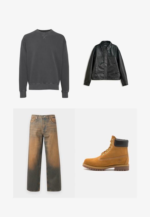 Jachetă din piele neagră cu guler, două buzunare frontale și o textură netedă. Are o croială dreaptă și un design minimalist.; Sweatshirt negru închis, cu guler rotund, fabricat dintr-un amestec de bumbac, având manșete și tiv riblate, cu un finisaj texturat și detalii de coasere subtile.; Jeans evazați din denim albastru și maro distrus. Prezintă un talie înaltă, buzunare frontale și o închidere clasică cu buton, cu accente metalice.; Cizmă de gleznă din întoarsă de culoare bej, cu guler negru căptușit, ochiuri din metal auriu, detalii de cusătură albă și talpă din cauciuc robustă, cu un model pronunțat.