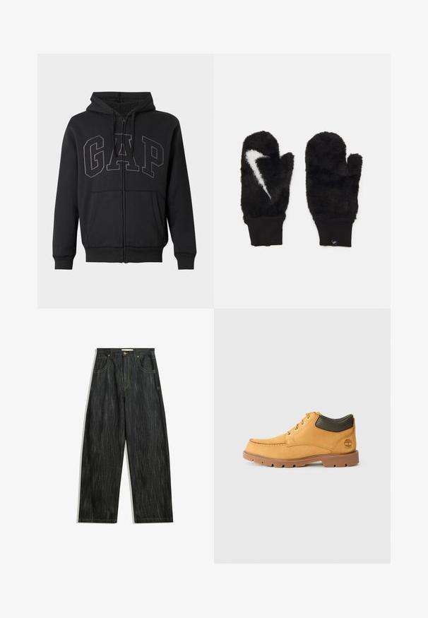 Black leather jacket with a collared neckline, two front pockets, and a smooth texture. Features a straight cut and minimal design.; Black zip-up hoodie with front pockets, drawstring hood, and large stitched "GAP" logo across the chest, lined with soft fleece inside.; Dark denim jeans with a loose fit, featuring subtle vertical texture, yellow stitching, five pockets, and a classic button closure.; Yellow leather shoe with brown rubber sole, round toe, and green leather ankle detail. Features gold eyelets and stitching accents.; Black fur mittens with a soft texture, featuring a white Nike logo accent and black ribbed cuffs.