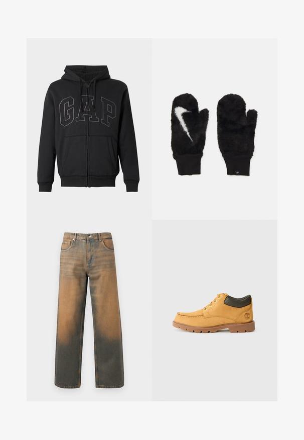 Sort læderjakke med krave, to forlommer og en glat tekstur. Har en lige pasform og et minimalistisk design.; Sort zip-up hættejakke med forlommer, snoretræk i hætten og stort broderet "GAP" logo på tværs af brystet, foret med blødt fleece indvendigt.; Videbenede jeans i slidte blå og brune denim. Har høj talje, forlommer og en klassisk knaplukning med metaldetaljer.; Gul læder sko med brun gummisål, rund tå og grøn læderdetalje ved anklen. Har guldøjer og stikningsdetaljer.; Sorte pelsvotter med en blød struktur, prydet med et hvidt Nike-logo og sorte ribbede manchetter.