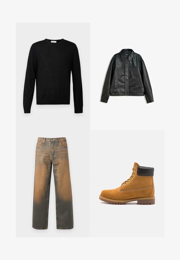 Mustavilla nahkatakilla on kauluskavennus, kaksi etutaskua ja sileä pintakuvio. Takissa on suora leikkaus ja yksinkertainen muotoilu.; Mustat pitkät hihat -neule, joka on valmistettu pehmeästä kankaasta. Siinä on pyöreä kaula-aukko, ribbaatut hihansuut ja suora helma. Minimalistinen muotoilu, ei kuvioita.; Levin leveät farkut kuluneessa sinisessä ja ruskeassa denimmissä. Ominaisuuksiin kuuluu korkea vyötärö, etupussit ja klassinen napitus metallikoristeilla.; Valkoinen nahkainen nilkkuri mustalla pehmustetulla kauluksella, kultaisilla metallisilla rei'illä, valkoisella ompeluksella ja jykevällä kumipohjalla, jossa on selvästi näkyvät urat.