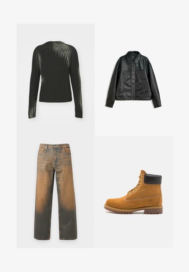 Jachetă din piele neagră cu guler, două buzunare frontale și o textură netedă. Are o croială dreaptă și un design minimalist.; Pulovere negru cu dungi, cu mâneci lungi, având un decolteu rotund și un model texturat pe întreaga țesătură. Design simplu și ajustat.; Jeans evazați din denim albastru și maro distrus. Prezintă un talie înaltă, buzunare frontale și o închidere clasică cu buton, cu accente metalice.; Cizmă de gleznă din întoarsă de culoare bej, cu guler negru căptușit, ochiuri din metal auriu, detalii de cusătură albă și talpă din cauciuc robustă, cu un model pronunțat.