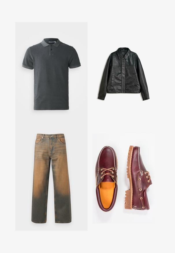 Čierna kožená bunda s golierom, dvoma prednými vreckami a hladkou textúrou. Má rovný strih a minimalistický dizajn.; Tmavo šedá polo tričko vyrobené z bavlny, s golierom na dva gombíky, krátkymi rukávmi a mierne textúrovanou látkou. Jednoduchý dizajn, bez vzorov.; Džínsy s širokými nohavicami v poškodenom modrom a hnedom denime. Majú vysoký pás, predné vrecká a klasické zapínanie na gombík s kovovými akcentmi.; Bordové kožené topánky s hnedými gumovými podrážkami, okrúhlou špičkou, bielym prešívaním a zlatými kovaniami. Interiér má žlté podšívku.
