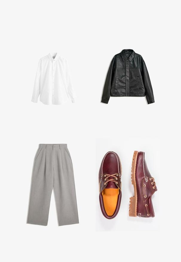 Veste en cuir noir avec un col, deux poches avant et une texture lisse. Présente une coupe droite et un design minimaliste.; Chemise blanche à manches longues à col classique, en tissu lisse. Présente une patte de boutonnage à l'avant et un ourlet arrondi avec des poignets boutonnés.; Pantalon gris clair à jambe droite, avec deux plis sur le devant et des poches latérales, fabriqué à partir d'un tissu lisse.; Chaussures en cuir bourgogne avec semelles en caoutchouc marron, bout rond, couture blanche et œillets dorés. L'intérieur présente une doublure jaune.