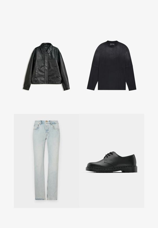 Giacca in pelle nera con collo a camicia, due tasche frontali e una texture liscia. Caratterizzata da un taglio dritto e un design minimalista.; T-shirt nera a maniche lunghe realizzata in tessuto morbido; presenta un colletto a girocollo, vestibilità ampia e un lieve effetto sfumato dal chiaro allo scuro.; Jeans in denim blu chiaro con taglio dritto, design a cinque tasche e zip. Il tessuto mostra una leggera sbiaditura per un aspetto usurato.; Scarpa oxford in pelle nera con design con lacci, punta arrotondata, suola piatta in gomma e dettagli di cucitura discreti lungo la parte superiore.
