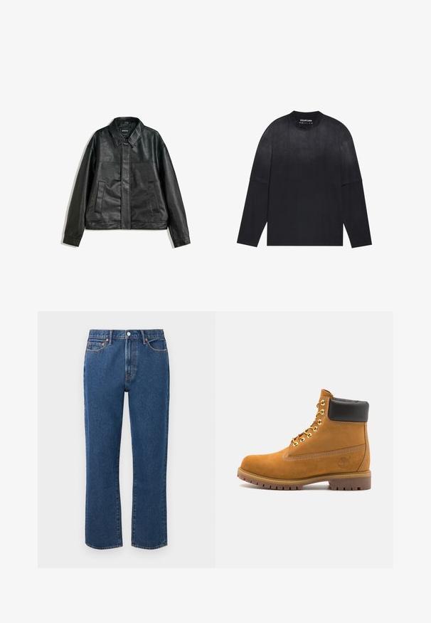 Črna usnjena jakna s ovratnikom, dvema sprednjima žepoma in gladko teksturo. Ima ravno kroj in minimalističen dizajn.; Črna majica s dolgimi rokavi, izdelana iz mehke tkanine; ima krožen izrez, ohlapen kroj in rahlo gradientno izvajanje od svetle do temne barve.; Modre ravne jeans hlače iz denima, z gumbom na zadrgo, petimi žepi in kontrastnim oranžnim šivom.; Svetlo rjave anklne čizme iz semiša z črnim oblazinjenim ovratnikom, zlatimi kovinskimi očesci, belimi šivi in robustnim gumijastim podplatom s izrazitimi tredi.