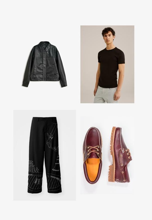 Fekete bőrkabát galléros nyakkal, két elülső zsebbel és sima felülettel. Egyenes szabása és minimalista dizájnja jellemzi.; Fekete, rövid ujjú póló, kerek nyakkivágással, sima, rugalmas anyagból készült. Szabása karcsú, a testhez közel áll.; Fekete, bő szárú nadrág fehér absztrakt hímzéssel, amely alakzatokat és figurákat ábrázol, sima anyagból készült, elöl gombos záródással.; Bordó bőr cipő barna gumitalppal, kerek orral, fehér varrással és arany fűzőlyukakkal. A belső tér sárga béléssel rendelkezik.