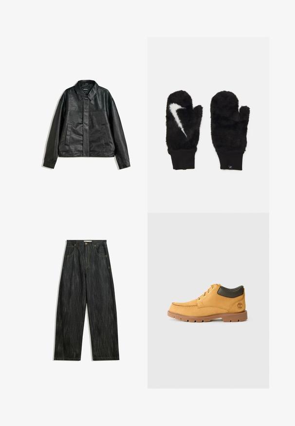 Black leather jacket with a collared neckline, two front pockets, and a smooth texture. Features a straight cut and minimal design.; Black short-sleeve T-shirt in a loose fit, made of smooth cotton, featuring a round neckline and minimalistic design.; Dark denim jeans with a loose fit, featuring subtle vertical texture, yellow stitching, five pockets, and a classic button closure.; Yellow leather shoe with brown rubber sole, round toe, and green leather ankle detail. Features gold eyelets and stitching accents.; Black fur mittens with a soft texture, featuring a white Nike logo accent and black ribbed cuffs.