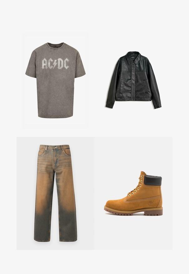 Sort læderjakke med krave, to forlommer og en glat tekstur. Har en lige pasform og et minimalistisk design.; Grå oversized t-shirt lavet af bomuld med en falmet, slidte tekstur. Har et iøjnefaldende AC/DC logo i en kontrasterende lys farve.; Videbenede jeans i slidte blå og brune denim. Har høj talje, forlommer og en klassisk knaplukning med metaldetaljer.; Tan nubuck ankelstøvle med sort polstret krave, gyldne metaløjer, hvid syning detaljer og robust gummisål med udtalte slidbaner.