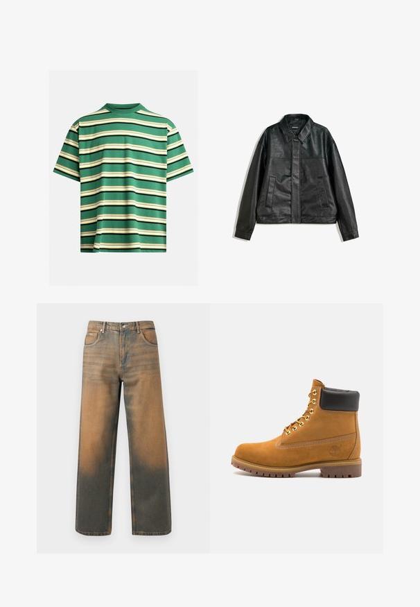 Černá kožená bunda s límečkem, dvěma předními kapsami a hladkým povrchem. Má rovný střih a minimalistický design.; Zelené tričko s krátkým rukávem s horizontálními pruhy v bílé, žluté a černé barvě. Vyrobeno z pohodlné látky s klasickým kulatým výstřihem.; Džíny s širokými nohavicemi v distressed modré a hnědé denimové barvě. Mají vysoký pas, přední kapsy a klasické zapínání na knoflík se metalickými akcenty.; Hnědé semišové kotníkové boty s černým polstrovaným límcem, zlatými kovovými očky, bílým prošíváním a odolnou gumovou podrážkou s výraznými drážkami.