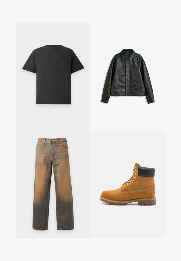 Zwarte leren jas met een kraaghals, twee voorzakken en een gladde textuur. Heeft een rechte snit en een minimalistisch ontwerp.; Zwarte katoenen t-shirt met een ronde hals, korte mouwen en een linkse borstzak. Heeft een comfortabele pasvorm en een gladde textuur.; Wijd-uitlopende jeans in verouderd blauw en bruin denim. Heeft een hoge taille, voorzakken en een klassieke knoopsluiting met metalen accenten.; Tan suède enkelboot met zwart gevoerd kraagje, gouden metalen oogjes, witte stikdetails en een robuuste rubberen zool met uitgesproken profiel.