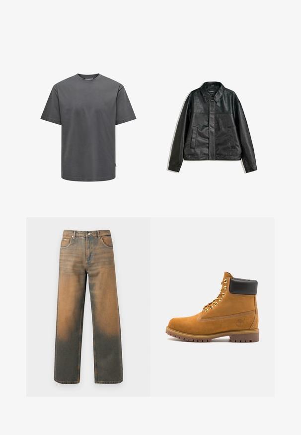Črna usnjena jakna s ovratnikom, dvema sprednjima žepoma in gladko teksturo. Ima ravno kroj in minimalističen dizajn.; Siva bombažna majica z okroglim izrezom in kratkimi rokavi. Ima običajen kroj in enostavno teksturo brez vidnih vzorcev ali okraskov.; Široke kavbojke v obrabljenem modrem in rjavem denimu. Imajo visok pas, sprednje žepke in klasično zapiranje na gumb z kovinskimi poudarki.; Svetlo rjave anklne čizme iz semiša z črnim oblazinjenim ovratnikom, zlatimi kovinskimi očesci, belimi šivi in robustnim gumijastim podplatom s izrazitimi tredi.