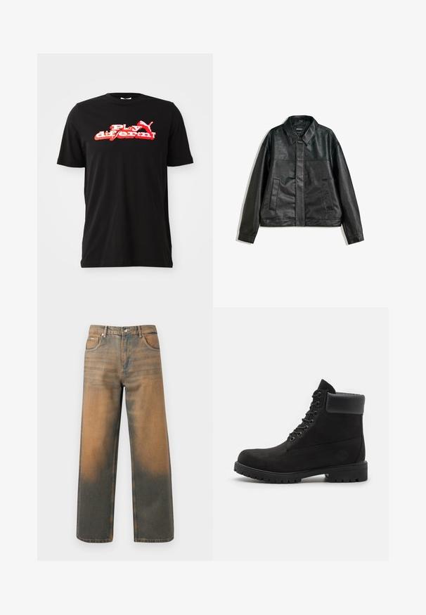 Černá kožená bunda s límečkem, dvěma předními kapsami a hladkým povrchem. Má rovný střih a minimalistický design.; Černé bavlněné tričko s výrazným červeným a bílým grafickým designem, na kterém je nápis "Hraj jinak!" a logo. Krátké rukávy a kulatý výstřih.; Džíny s širokými nohavicemi v distressed modré a hnědé denimové barvě. Mají vysoký pas, přední kapsy a klasické zapínání na knoflík se metalickými akcenty.; Černé kotníkové boty na šněrování s polstrovaným límcem a robustní podrážkou, zobrazené v profilu na bílém pozadí.