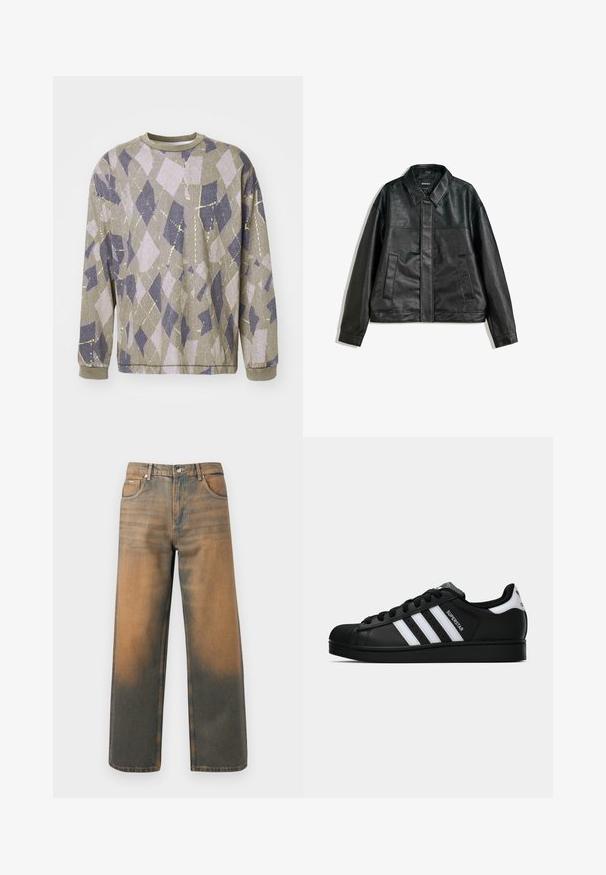 Schwarze Lederjacke mit einem Kragenhals, zwei Fronttaschen und einer glatten Textur. Verfügt über einen geraden Schnitt und ein minimalistisches Design.; Langärmliger Pullover aus strukturiertem grauem Stoff, der ein geometrisches Rautenmuster in Helllila und Marineblau mit metallischen gelben Akzenten zeigt.; Weite Jeans aus verwittertem blauem und braunem Denim. Sie haben eine hohe Taille, Vorderseiten-Taschen und einen klassischen Knopfverschluss mit metallischen Akzenten.; Schwarzer Adidas Superstar Sneaker mit weißen Streifen, Schalenzehen und "Superstar"-Schriftzug an der Seite, im Seitenprofil auf weißem Hintergrund dargestellt.