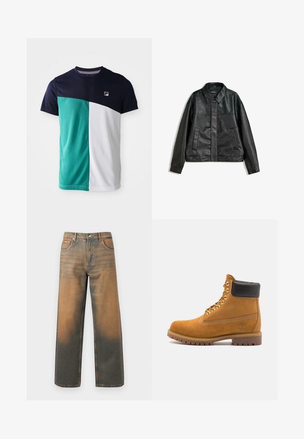 Crna kožna jakna s ovratnikom, dva prednja džepa i glatkom teksturom. Ima ravni kroj i minimalistički dizajn.; Muška majica s kratkim rukavima s gornjim dijelom u tamnoplavoj boji, lijevim panelom u nijansi tirkizne, desnim bijelim panelom i malim logom na lijevoj strani prsnog koša.; Suberane traperice širokih nogavica u ispranom plavom i smeđem denimu. Imaju visoki struk, prednje džepove i klasično dugme sa metalnim detaljima.; Antracitne antilop čizme do gležnjeva s crnim podstavljenim ovratnikom, zlatnim metalnim rupicama, bijelim šavovima i robusnom gumenom potplatom s izraženim šarama.