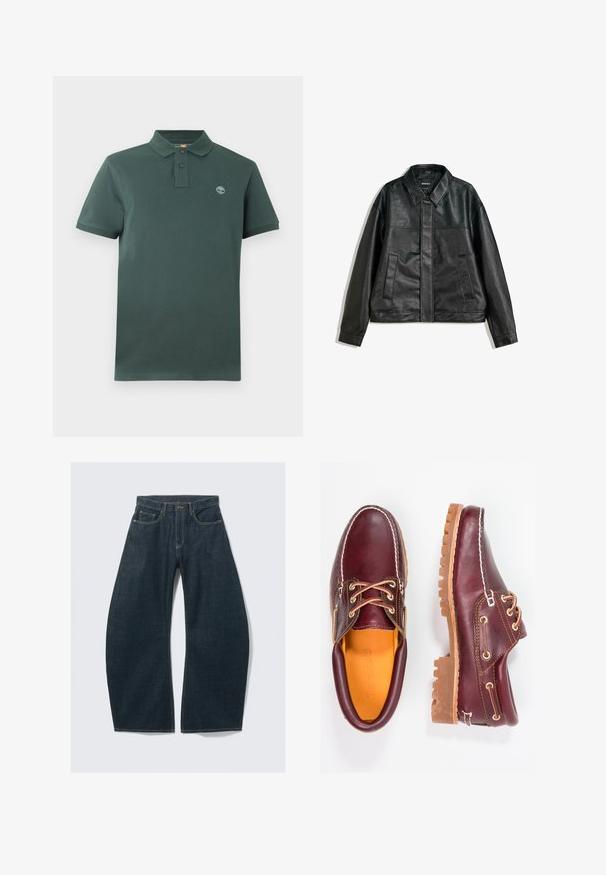 Svart läderjacka med krage, två frontfickor och en slät yta. Har en rak skärning och minimal design.; Mörkgrön polo skjorta i bomull med klassisk krage, tre knappar och en diskret logotyp på vänstra bröstet. Kort ärm.; Mörkblå jeans med vida ben i denim, med fem fickor, synliga sömmar, knappstängning och en ren finish.; Burgundy läderskor med bruna gummisulor, rund tå, vit söm och gyllene öljetter. Inredningen har en gul foder.