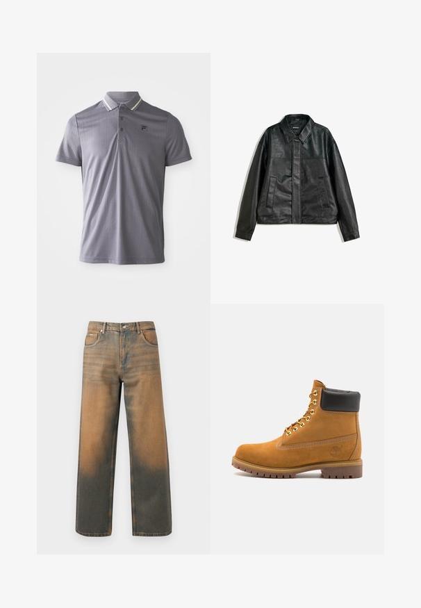 Zwarte leren jas met een kraaghals, twee voorzakken en een gladde textuur. Heeft een rechte snit en een minimalistisch ontwerp.; Grijs polo shirt met korte mouwen en subtiele verticale strepen, drieknoopsluiting en logo-opdruk op de linkerborst, kraag met lichte streepaccenten.; Wijd-uitlopende jeans in verouderd blauw en bruin denim. Heeft een hoge taille, voorzakken en een klassieke knoopsluiting met metalen accenten.; Tan suède enkelboot met zwart gevoerd kraagje, gouden metalen oogjes, witte stikdetails en een robuuste rubberen zool met uitgesproken profiel.