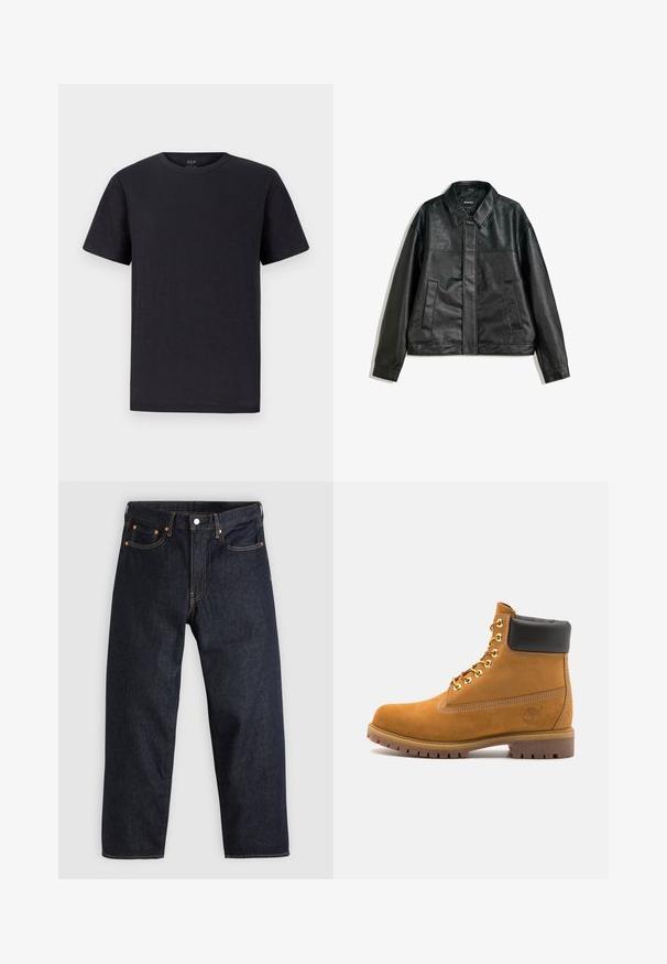 Black leather jacket with a collared neckline, two front pockets, and a smooth texture. Features a straight cut and minimal design.; Black t-shirt in a soft, lightweight fabric with a classic crew neckline and short sleeves. Simple, plain design without patterns or accents.; Dark blue denim jeans with a straight cut, five pockets, contrasting orange stitching, and a button fly. No visible patterns or embellishments.; Tan suede ankle boot with black padded collar, gold metal eyelets, white stitching detailing, and rugged rubber sole with pronounced treads.