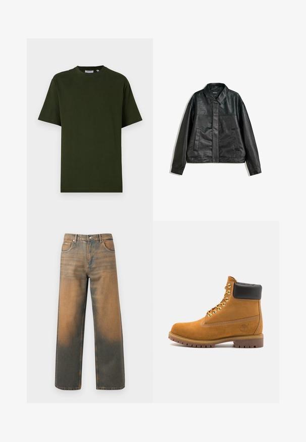 Black leather jacket with a collared neckline, two front pockets, and a smooth texture. Features a straight cut and minimal design.; Dark green, short-sleeve t-shirt made of cotton. Round neck, relaxed fit, and smooth texture with no visible patterns or accents.; Wide-leg jeans in distressed blue and brown denim. Features a high waist, front pockets, and a classic button closure with metallic accents.; Tan suede ankle boot with black padded collar, gold metal eyelets, white stitching detailing, and rugged rubber sole with pronounced treads.