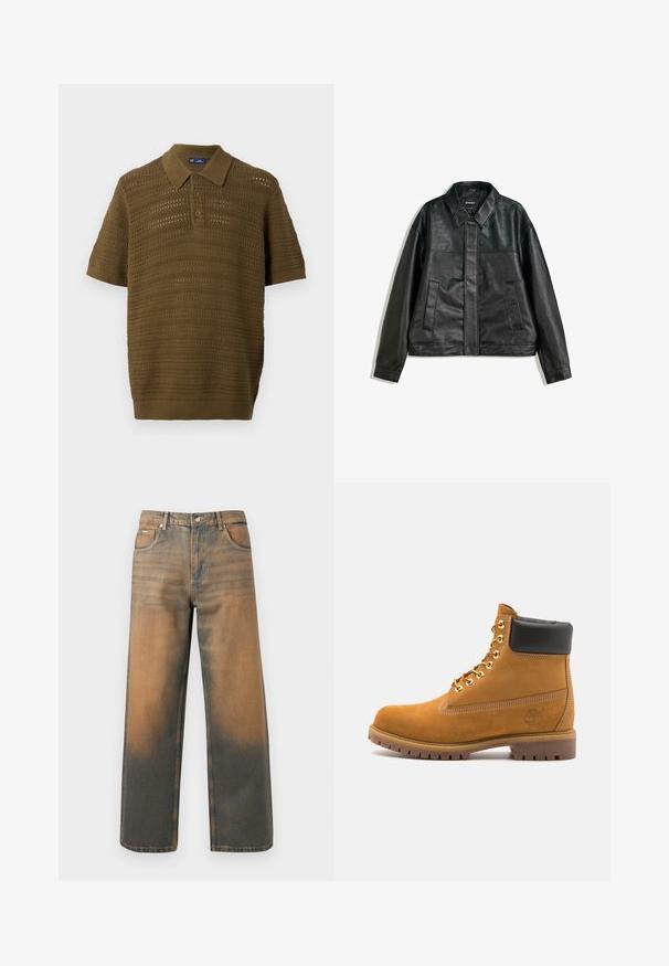 Jachetă din piele neagră cu guler, două buzunare frontale și o textură netedă. Are o croială dreaptă și un design minimalist.; Polo cu mânecă scurtă, de culoare verde măslin, cu un design texturat, din tricot deschis, cu dungi orizontale și guler și tiv ribbed.; Jeans evazați din denim albastru și maro distrus. Prezintă un talie înaltă, buzunare frontale și o închidere clasică cu buton, cu accente metalice.; Cizmă de gleznă din întoarsă de culoare bej, cu guler negru căptușit, ochiuri din metal auriu, detalii de cusătură albă și talpă din cauciuc robustă, cu un model pronunțat.