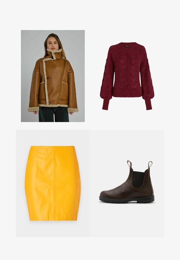 Mujer vistiendo una chaqueta de cuero forrada de piel de oveja color beige, con cierre de botones asimétrico y cuello alto, de pie contra un fondo gris liso.; Cárdigan de punto burdeos con cuello redondo, cierre de botones y dobladillo acanalado. Presenta patrones texturizados y mangas globo.; Camisa blanca de manga larga hecha de tela acanalada, con un cuello redondo y una forma ajustada. No presenta patrones ni detalles.; Minifalda de cuero amarilla con una textura suave y un diseño ajustado. Presenta una costura central y una silueta limpia y elegante.; Botín de cuero marrón hasta el tobillo con paneles laterales elásticos, lengüetas y suela de goma texturizada. Presenta un diseño elegante con punta redonda.