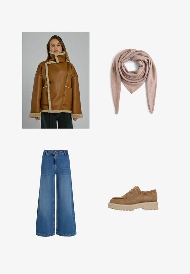 Frau, die eine beigefarbene, mit Schaffell gefütterte Lederjacke mit asymmetrischer Knopfleiste und hohem Kragen trägt, vor einem schlichten grauen Hintergrund steht.; Bordeauxfarbener Strickcardigan mit rundem Halsausschnitt, Knopfverschluss und geripptem Saum. Verfügt über strukturierte Muster und Puffärmel.; Weißes Langarmhemd aus geripptem Stoff mit Rundhalsausschnitt und taillierter Form. Keine Muster oder Akzente sind vorhanden.; Weit geschnittene Jeanshose in Hellblau mit hohem Bund, vorderem Knopfverschluss und subtilen Auswaschungen entlang des Stoffs für eine interessante Textur.; Braune Wildlederschuhe mit abgerundeter Zehenpartie, Schnürdesign und einer dicken beigen Gummisohle, die über tiefe Rillen für besseren Halt verfügt.; Marie Lund Schal - taupe; Braune Wildleder-Eimerhandtasche mit einem einzelnen Schultergurt und einem abnehmbaren Crossbody-Gurt. Glatte Textur und minimalistisches Design ohne sichtbare Hardware.