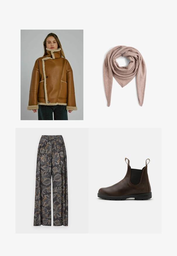 Vrouw in een tan kleurige leren jas met schapenvachtvoering, asymmetrische knoopsluiting en hoge kraag, staande voor een effen grijze achtergrond.; Bordeaux gebreide cardigan met een ronde halslijn, knoopsluiting aan de voorkant en geribbelde zoom. Kenmerken zijn textuurpatronen en ballonsleeves.; Witte longsleeve shirt van ribstof, met een ronde halslijn en een getailleerde vorm. Er zijn geen patronen of accenten aanwezig.; Brede pijpenbroek met een donker bloemmotief en ingewikkelde grijze en oranje patronen. De elastische tailleband zorgt voor comfort en flexibiliteit.; Bruine leren enkellaars met elastische zijkanten, trekriempjes en een getextureerde rubberen zool. Heeft een slank, rond te ontwerp.; Marie Lund Sjaal - taupe; Bruine suède emmerij met een enkele schouderband en een afneembare crossbodyband. Rechte textuur en minimalistisch ontwerp zonder zichtbare hardware.