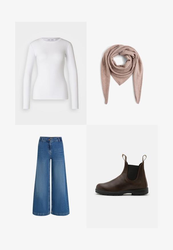 Vrouw in een tan kleurige leren jas met schapenvachtvoering, asymmetrische knoopsluiting en hoge kraag, staande voor een effen grijze achtergrond.; Bordeaux gebreide cardigan met een ronde halslijn, knoopsluiting aan de voorkant en geribbelde zoom. Kenmerken zijn textuurpatronen en ballonsleeves.; Witte longsleeve shirt van ribstof, met een ronde halslijn en een getailleerde vorm. Er zijn geen patronen of accenten aanwezig.; Lichte blauwe denimbroek met wijde pijpen, voorzien van een hoge taille, een sluiting met een knoop aan de voorkant en subtiele vervagingen in de stof voor textuur.; Bruine leren enkellaars met elastische zijkanten, trekriempjes en een getextureerde rubberen zool. Heeft een slank, rond te ontwerp.; Marie Lund Sjaal - taupe; Bruine suède emmerij met een enkele schouderband en een afneembare crossbodyband. Rechte textuur en minimalistisch ontwerp zonder zichtbare hardware.