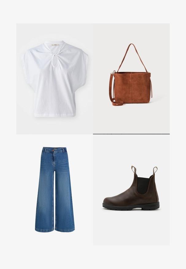 Mujer vistiendo una chaqueta de cuero forrada de piel de oveja color beige, con cierre de botones asimétrico y cuello alto, de pie contra un fondo gris liso.; Cárdigan de punto burdeos con cuello redondo, cierre de botones y dobladillo acanalado. Presenta patrones texturizados y mangas globo.; Top blanco de manga corta hecho de algodón, con un cuello redondo y un detalle de ojal, que presenta un corte relajado y cuadrado. Textura suave con un color sólido.; Pantalones de mezclilla de pierna ancha en azul claro, con una cintura alta, cierre de botón frontal y un sutil desgastado a lo largo de la tela para dar textura.; Botín de cuero marrón hasta el tobillo con paneles laterales elásticos, lengüetas y suela de goma texturizada. Presenta un diseño elegante con punta redonda.; Bolso tipo bucket de ante marrón con una sola correa para el hombro y una correa cruzada removible. Textura suave y diseño minimalista sin hardware visible.