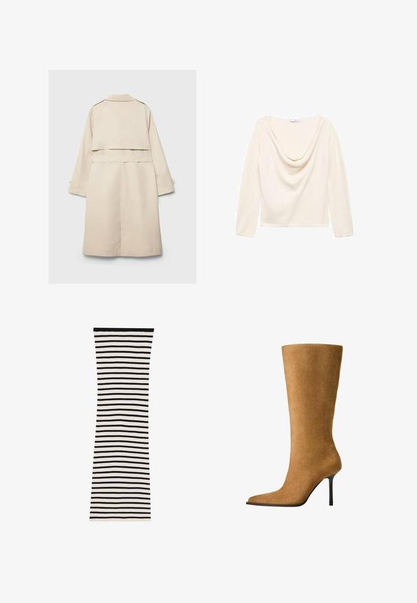 Beige trenchcoat met een enkelvoudig ontwerp, lange mouwen en een ceintuur in de taille. Heeft een rugventilatie en een klassieke kraag. Glad textuur.; Crème-kleurig lang mouwtop met een gedrapeerde kraag en geribbelde textuur. Gemaakt van lichtgewicht stof, met een rechte zoom bij de taille.; Witte langwerpige top met een off-the-shoulder ontwerp, voorzien van gerimpelde details aan de zijkant en gladde stof. Draagt met blauwe denim jeans.; Zwart-wit gestreepte ribbed jurk met een getailleerde vorm, voorzien van horizontale strepen en een effen zwarte halslijn.; Knie hoge suède laarzen in kamelkleur met een spitse teen en een dunne hoge hak. Glad textuur en elegante silhouet met minimale details.
