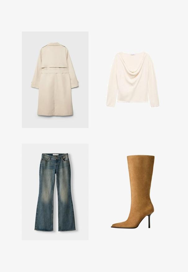 Beige trenchcoat med en enkelknäppt design, långa ärmar och midjebälte. Har en bakre vent och en klassisk krage. Slät textur.; Krämfärgad långärmad topp med draperad cowl-halsringning och ribbad textur. Tillverkad av lätt material, har en rak nederkant vid midjan.; Vit långärmad topp med en av-axel-design, med rynkade detaljer på sidan och mjukt tyg. Bärs tillsammans med blå denimjeans.; Blå utsvängda jeans med en blekt tvätt, fem fickor och knappstängning. Materialet visar en denimstruktur med subtila sömdetaljer.; Knähöga mockaskor i kamelfärgad med spetsig tå och en tunn hög klack. Slät textur och elegant silhuett med minimal detalj.
