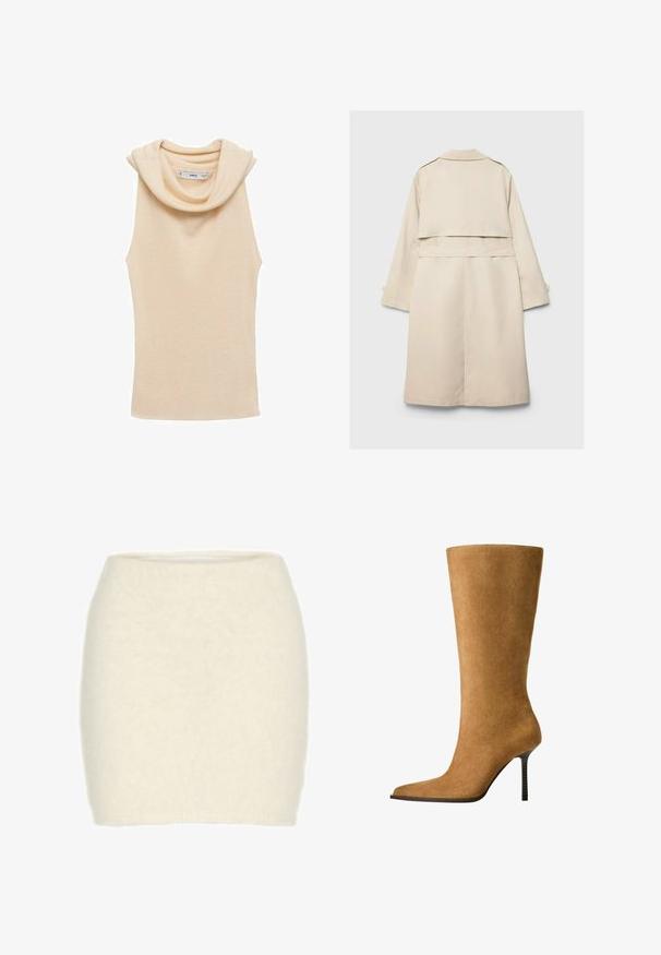 Béžový trenčkot se zapínáním na jeden knoflík, dlouhými rukávy a páskem v pase. Má zadní rozparek a klasický límec. Hladká textura.; Krémová dlouhá halenka s drapovaným cowl výstřihem a žebrovanou texturou. Vyrobena z lehké látky, s rovým lemem v pase.; Béžový top bez rukávů s překládaným výstřihem, vyrobený z ribbed látky. Má hladký povrch a přiléhavý střih.; Bílá vlněná minisukně, měkká a huňatá textura, těsně přiléhající střih, vysoký pas, žádné viditelné vzory nebo akcenty.; Kozačky do výšky kolen z jemné kůže v barvě kamel s špičatou špičkou a tenkým vysokým podpatkem. Hladká textura a elegantní silueta s minimem detailů.