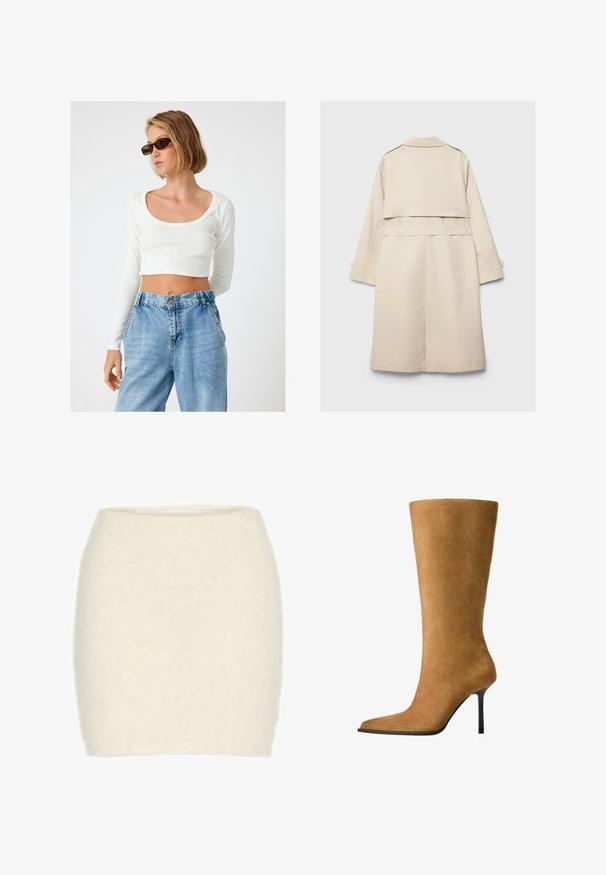 Beige trench coat with a single-breasted design, long sleeves, and a belted waist. Features a back vent and a classic collar. Smooth texture.; Cream-colored long-sleeve top with a draped cowl neckline and ribbed texture. Made of lightweight fabric, features a straight hem at the waist.; White, ribbed, long-sleeve crop top with a wide scoop neckline, paired with high-waisted, light blue denim jeans.; White wool mini skirt, soft and fuzzy texture, fitted design, high waist, no visible patterns or accents.; Knee-high suede boots in camel color with a pointed toe and a thin high heel. Smooth texture and sleek silhouette with minimal detailing.