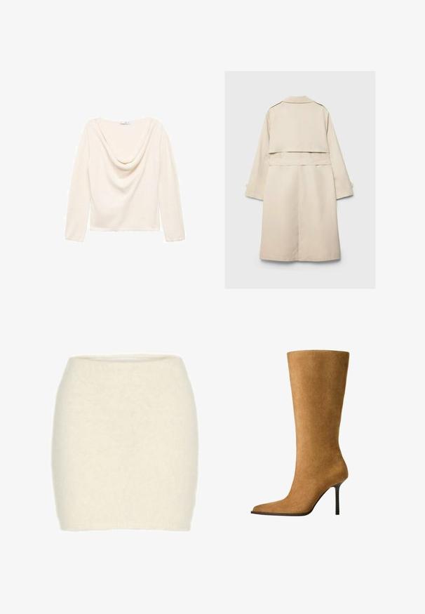 Cappotto beige con design a un bottone, maniche lunghe e vita con cintura. Presenta uno spacco posteriore e un colletto classico. Texture liscia.; Maglietta a maniche lunghe color crema con scollo drappeggiato e texture a costine. Realizzata in tessuto leggero, presenta orlo dritto in vita.; Top bianco a maniche lunghe con design off-the-shoulder, caratterizzato da dettagli arricciati sul lato e tessuto liscio. Abbinato a jeans in denim blu.; Gonna mini bianca in lana, dal tessuto morbido e peloso, design aderente, vita alta, senza motivi o dettagli visibili.; Stivali in camoscio alti fino al ginocchio di colore cammello con punta affusolata e tacco sottile e alto. Texture liscia e silhouette elegante con dettagli minimi.
