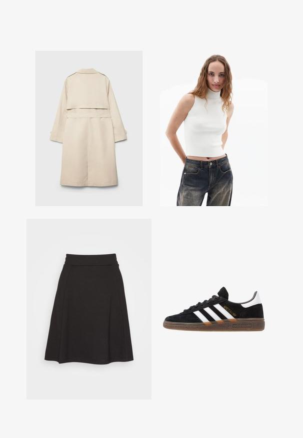 Beige trenssitakki, jossa on yksirivinen muotoilu, pitkät hihat ja vyöllinen vyötärö. Sisältää takatuuletusaukon ja klassisen kauluksen. Sujuva tekstuuri.; Valkoinen hihaton ribbipusero, jossa on korkeakaula-aukko, yhdistettynä sinisiin korkeavyötäröisiin farkkuihin, joissa on etutaskut ja lievää haalistumista.; Musta liehuva hame, joka on valmistettu pehmeästä kankaasta sileällä tekstuurilla. Varustettu leveällä vyötärönauhalla ja ulottuu reiteen puoliväliin.; Mustat Adidas-nikeset, joissa on valkoiset raidat, kultaiset "Spezial"-tekstiset, kumipohja ja valkoinen kantapää, esitetty sivuprofiilissa.