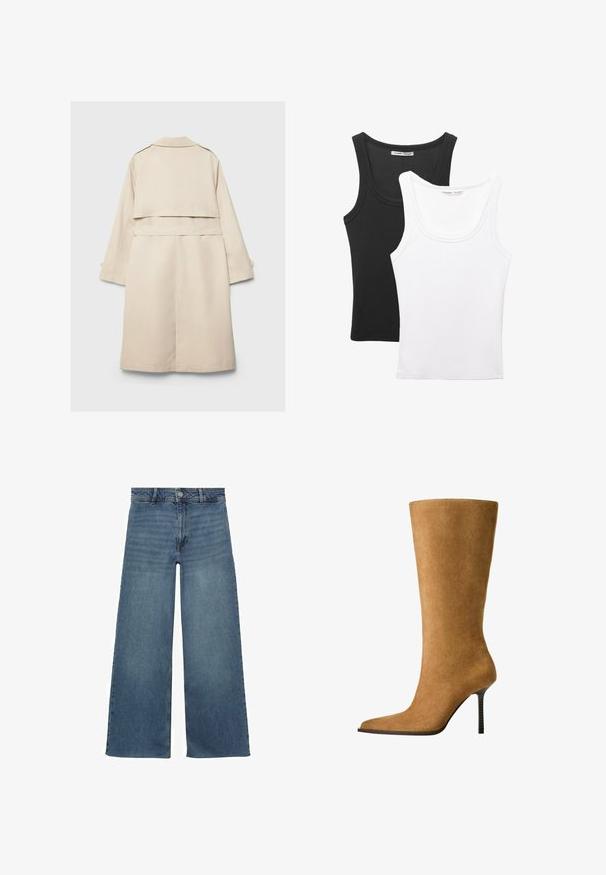 Bež trench kaput s jednorednim dizajnom, dugim rukavima i strukiranjem s remenom. Ima stražnji otvor i klasičan okovratnik. Glatka tekstura.; Prikazane su dvije majice bez rukava, jedna crna i jedna bijela. Obje imaju rebrastu teksturu i široke naramenice s okruglim izrezom.; Široke plave traperice s visokim strukom, s kopčanjem na dugme i zatvaračem, te glatkom, teksturiranom završnom obradom.; Čizme od antilopa do koljena u boji kamila s šiljastim vrhom i tankom visokom petom. Glatka tekstura i elegantna silueta s minimalnim detaljima.