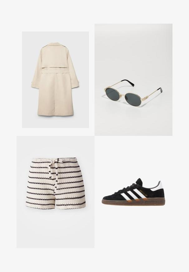 Beige trench coat med enkeltknap-design, lange ærmer og bæltestrop i taljen. Har en rygventilation og en klassisk krave. Glat tekstur.; En enkel hvid t-shirt lavet af bomuld med rund halsudskæring, korte ærmer og en afslappet pasform. Glat tekstur uden mønstre eller accentuer.; Strikkede shorts i creme med sorte striber. Har en elastisk talje med snøre og et tekstureret stof. Kort længde, afslappet design.; Sort Adidas sneakers med hvide striber, guld "Spezial" tekst, gummisål og hvid hælflap, vist i profil.; Guldmetal solbriller med ovale linser og mørktonede linser. Sorte acetat tip på stængerne. Mærkenavnet "QUAY" på siden.