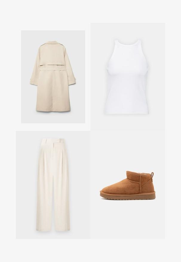 Beiger Trenchcoat mit einem einreihigen Design, langen Ärmeln und einem taillierten Gürtel. Verfügt über einen Rückenschlitz und einen klassischen Kragen. Glatte Textur.; Weißes ärmelloses Tanktop aus geripptem Stoff, mit rundem Ausschnitt und figurbetonter Silhouette, minimalen Nähten und ohne Verzierungen.; Cremefarbene weite Hosen aus strukturiertem Stoff mit hoher Taille, Falten und geradem Schnitt.; Call it Spring JAMIELEE - Snowboot/Winterstiefel - camel