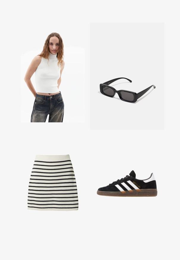 Beiger Trenchcoat mit einem einreihigen Design, langen Ärmeln und einem taillierten Gürtel. Verfügt über einen Rückenschlitz und einen klassischen Kragen. Glatte Textur.; Weißes ärmelloses, geripptes Rollkragenoberteil kombiniert mit blauen, hoch taillierten Jeans aus Denim, die vordere Taschen und eine leichte Ausbleichung aufweisen.; Strickrock mit abwechselnd schwarzen und weißen horizontalen Streifen, einer figurschmeichelnden Passform und einem gerippten Bund mit geradem Saum.; Schwarzer Adidas Sneaker mit weißen Streifen, goldenem "Spezial"-Text, Gummisohle und weißem Fersenbereich, seitliche Ansicht.; Schwarze rechteckige Sonnenbrille mit dunklen Gläsern, glänzender Oberfläche, breiten Bügeln und einem klobigen Rahmen-Design. Gravierter Markenname auf einem Bügel.