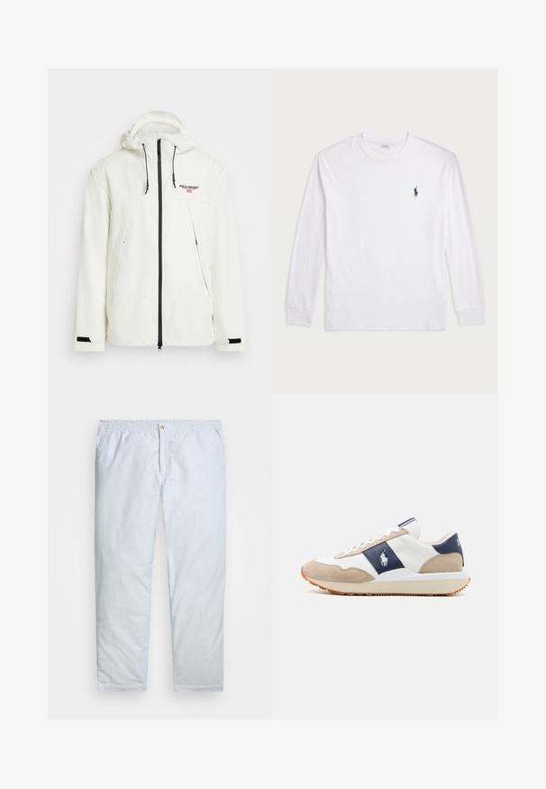 Polo Ralph Lauren POLO SPORT HOODED JACKET UNISEX - Nyári dzseki - deckwash white; Fehér, hosszú ujjú póló, pamutból készült. Kerek nyakkivágással, bordás mandzsettákkal és egy kis sötétkék polo logóval a bal mellen.; Világoskék csíkos nadrág, könnyű anyagból készült. Jellemzője a gumis derék és gombos záródás, valamint a egyenes lábak.; Férfi sneaker, fehér bőrből készült felsőrésszel, tengerészkék és bézs velúr részletekkel, lapos fűzőzéssel és krémszínű gumitalppal.