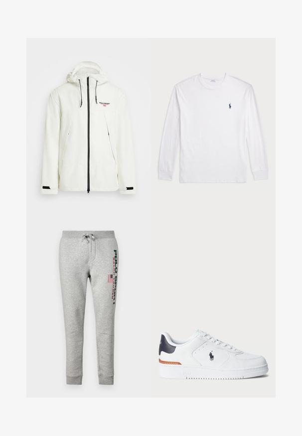 Polo Ralph Lauren UNISEX biały; Biały t-shirt z długim rękawem wykonany z bawełny. Posiada okrągły dekolt, ściągacze przy mankietach oraz małe granatowe logo polo na lewej piersi.; Polo Ralph Lauren - Spodnie treningowe; Białe tenisówki z teksturowaną skórzaną cholewką, granatowym akcentem na pięcie, perforowanym noskiem i pomarańczowym detalem na śródpodeszwie. Zawierają logo z boku.