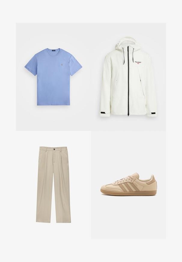Polo Ralph Lauren POLO SPORT HOODED JACKET UNISEX - Lehká bunda - deckwash white; Světle modré bavlněné tričko s krátkými rukávy, kulatým výstřihem a malým vyšitým logem na levé hrudi. Hladká textura a klasický střih.; Béžové kalhoty klasického střihu, se jedním černým knoflíkem, poutky na opasek a bočními kapsami. Hladká textilie a minimalistický design.; Béžové kožené tenisky se třemi vodorovnými pruhy, kulatou špičkou, plochou hnědou gumovou podrážkou a měkkou textilní podšívkou na límci a jazyku.