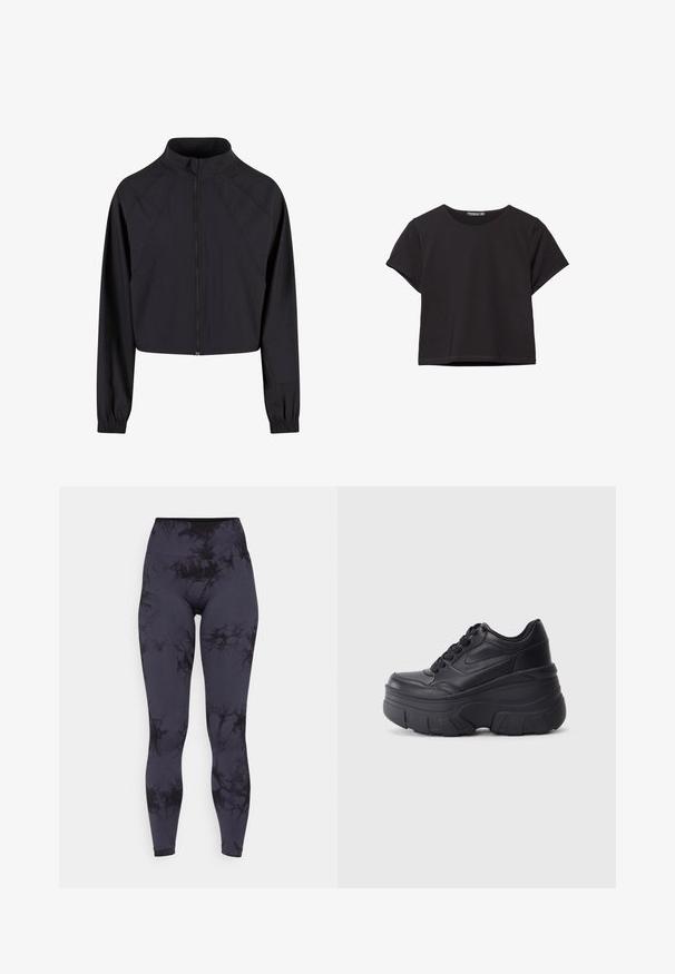 Zwarte cropped jas van zachte stof, voorzien van een hoge kraag, volledige rits aan de voorkant en elastische manchetten; minimalistisch ontwerp zonder patronen.; Zwart kort mouw crop top van zachte stof, met een ronde halslijn en een losse pasvorm met een nette zoom.; Hoge taille legging gemaakt van rekbare stof, met een zwart en donkergrijs tie-dye patroon, met een gladde textuur en een enkellange snit.; Zwarte vetersneakers met een dikke zool, voorzien van een bovenwerk van soepel leer, een ronde neus en een herkenbaar gelaagd platformontwerp.
