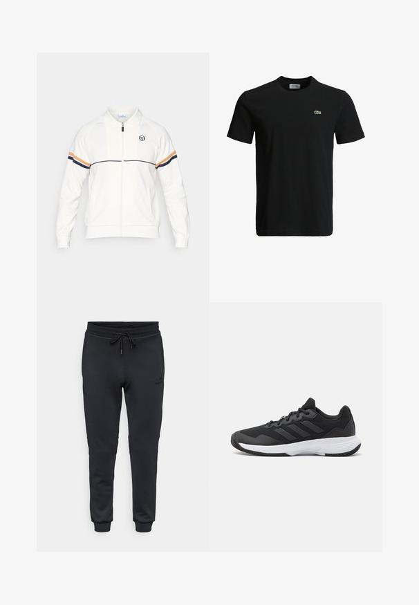 Biela zapínacia bunda z mäkkého materiálu, s golierom, vyšívaným logom a dvoma horizontálnymi prúžkami v námorníckej modrej a oranžovej na rukávoch.; Čierne bavlnené tričko s okrúhlym výstrihom, krátkymi rukávmi a malým zeleným logo krokodíla na ľavej hrudi. Hladká textúra, ležérny dizajn.; Sergio Tacchini MORET PANTS - Tepláky - black; Čierna atletická topánka s textúrovaným zvrškom, s tromi horizontálnymi pruhmi a bielou podrážkou s vzorovaným profilom. Ľahký a aerodynamický dizajn.