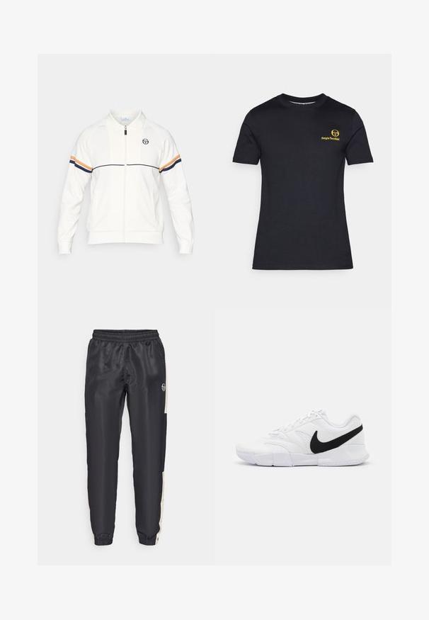 Balts jaku ar rāvējslēdzēju, izgatavotu no mīksta materiāla, ar apkakli, izšūtu logo un divām horizontālām svītrām tumši zilā un oranžā krāsā uz piedurknēm.; Melna īsām piedurknēm t-kreklu, izgatavotu no kokvilnas. Kreisajā krūtīs ir dzeltena logo apdruka. Klasiska apaļa dekoltē, gluda tekstūra.; Melnas sporta bikses no gludas auduma ar kontrastējošu bežīgu sānu paneļu un elastīgu vidukļa joslu ar piegulošiem galiem pie potītēm.; Baltie sporta apavi ar teksturētu augšdaļu, melnu Nike swoosh, mīkstu apkakli un cietu gumijas zoli ar rakstainu virsmu.